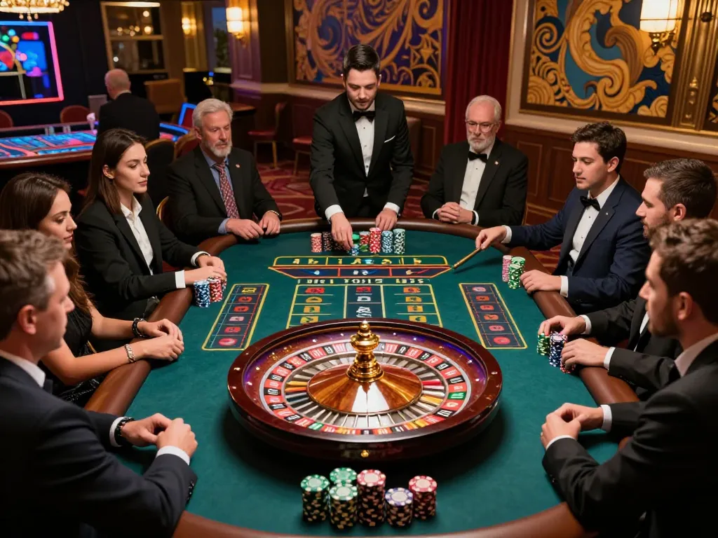 va88 players focus intently on the roulette wheel spinning and placing bets in an exciting casino atmosphere
