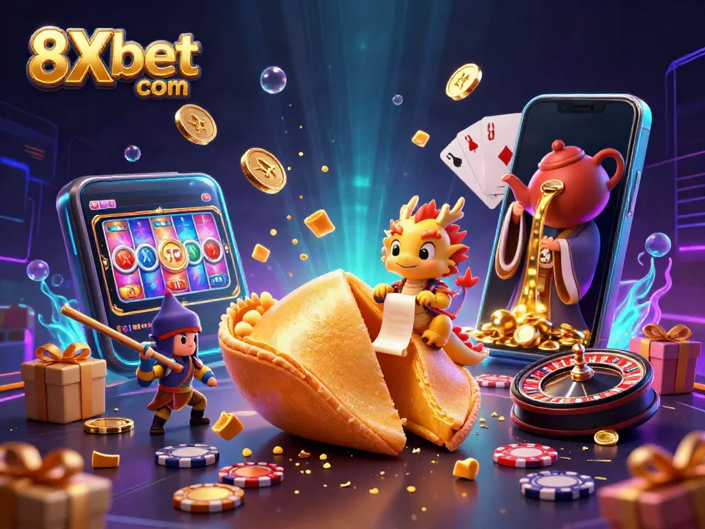 Experience the vibrant 8Xbet com casino with a dynamic illustration of a golden fortune cookie and gaming elements.