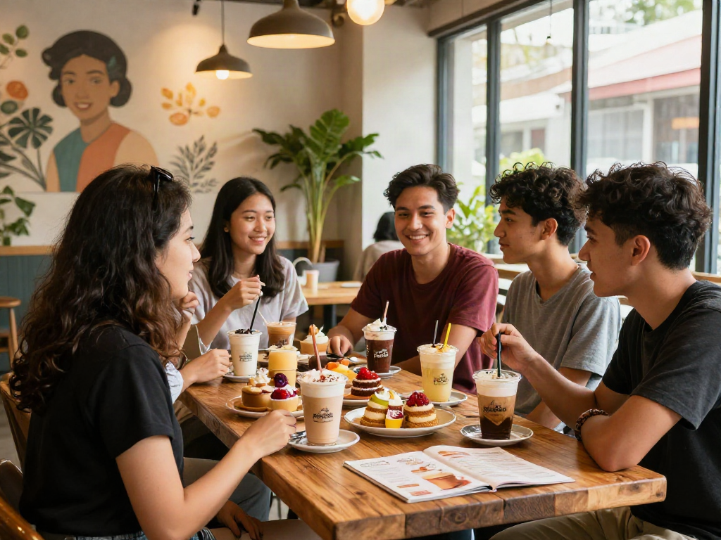 Friends enjoying rokok88-themed desserts and coffee in a cozy cafe.
