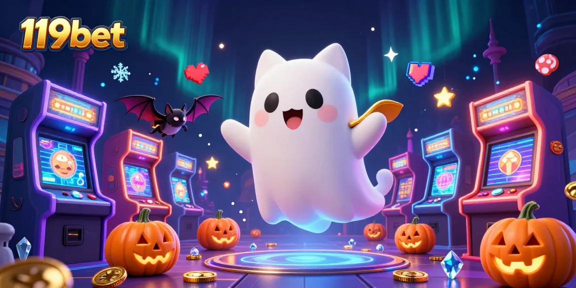 Experience thrilling gaming with 119bet's lively casino scene featuring a ghost cat and whimsical characters.