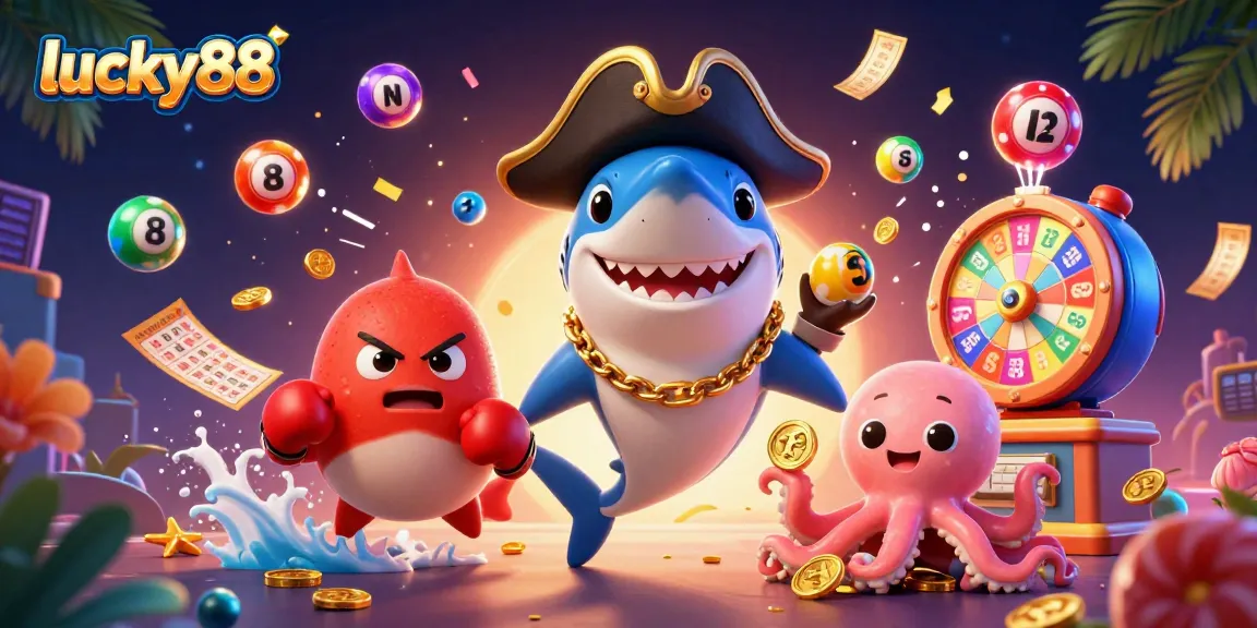 Join the lucky88 adventure with a pirate shark, boxing pufferfish, and octopus in a vibrant casino scene