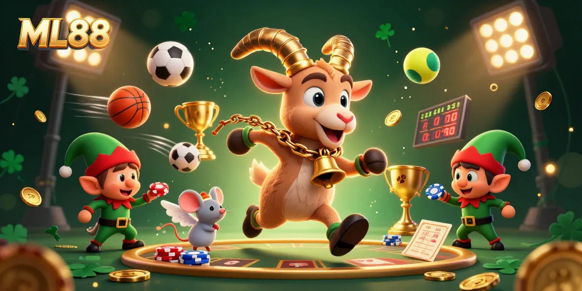 Engage with ML88 at a lively casino scene featuring a Krampus goat, angel mouse, and mischievous gremlins.