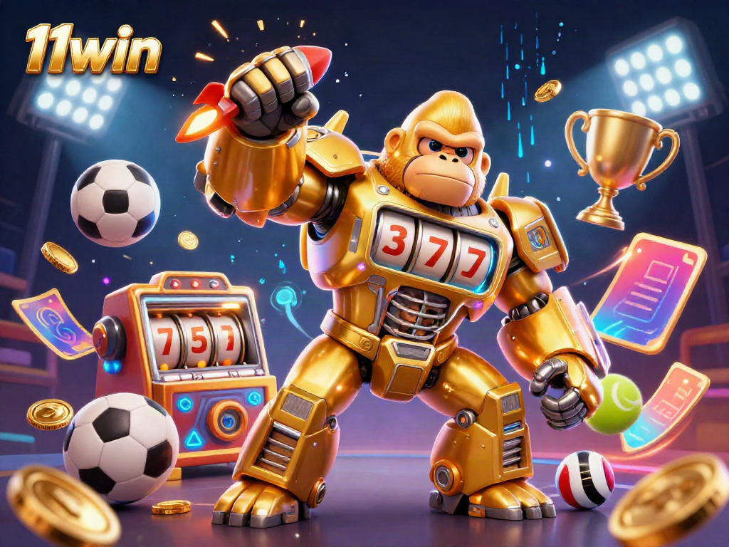 Engaging illustration of 11win's gaming experience featuring a golden gorilla mech, explosive coins, and sports elements.