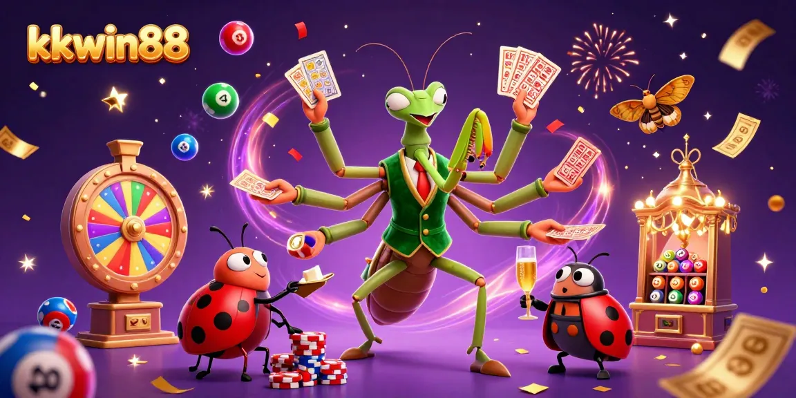 Experience the thrill of kkwin88 with a charismatic mantis dealer and ladybug pit boss amidst vibrant casino elements.