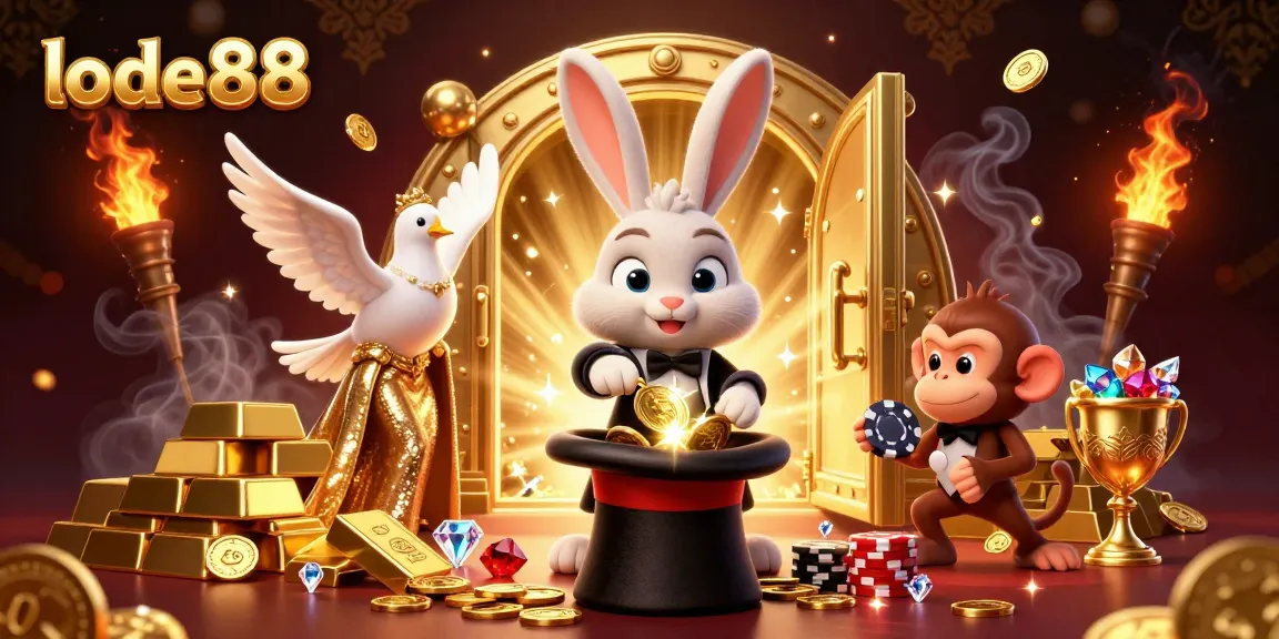 Experience magic with lode88 as the magician rabbit conjures golden coins amidst a dazzling casino scene.
