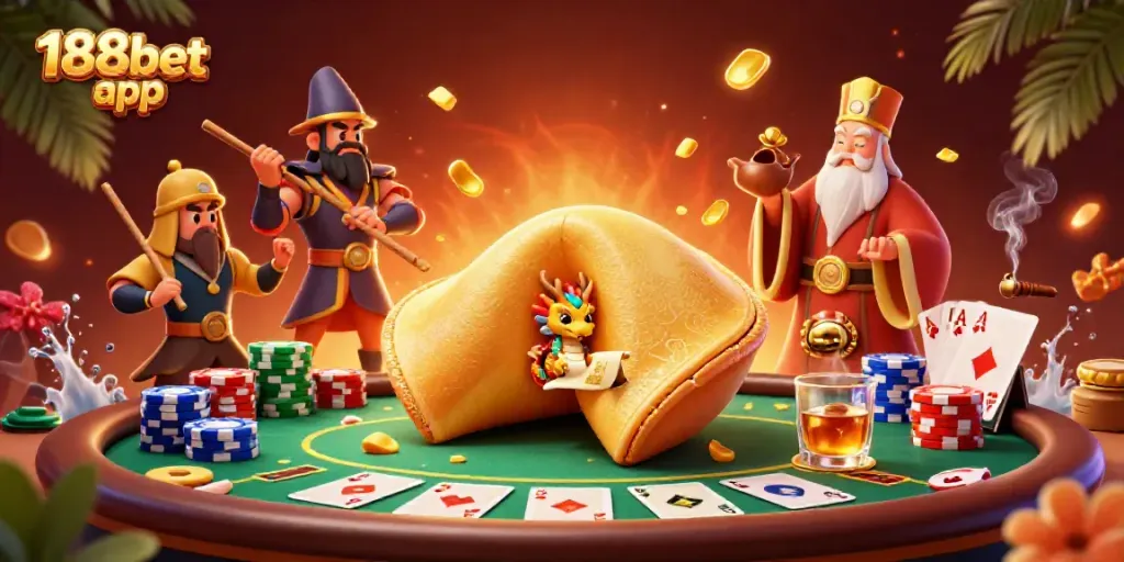 Engage with the 188bet app in a vibrant casino scene featuring magical elements and poker excitement.