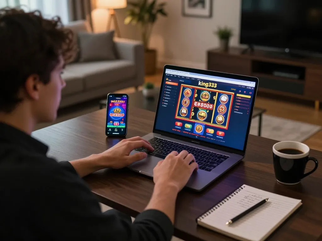 Engaging in thrilling online gameplay at king333 casino with laptop featuring colorful slot games and live dealer excitement