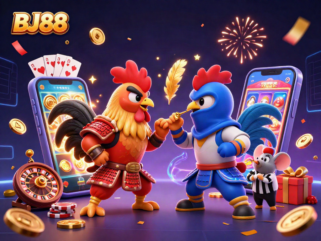 BJ88 showcases twin fighting roosters in a dynamic casino setting with action-packed elements.