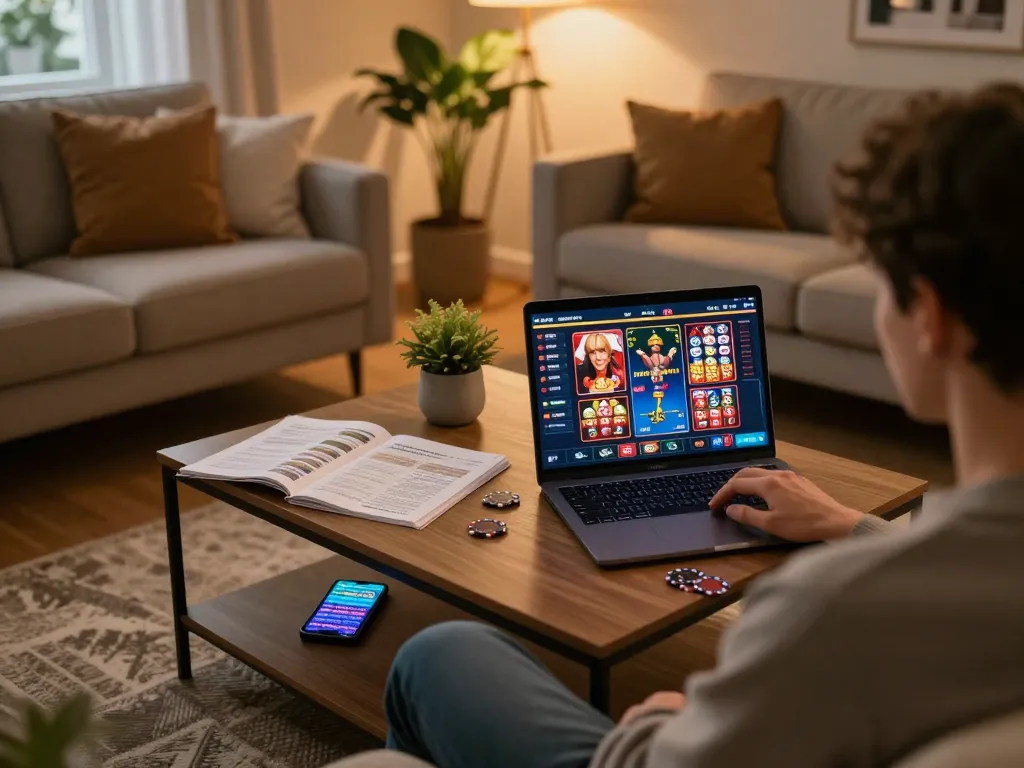 Engaging in online casino gaming with kp88s on a laptop at home, showcasing strategic betting.