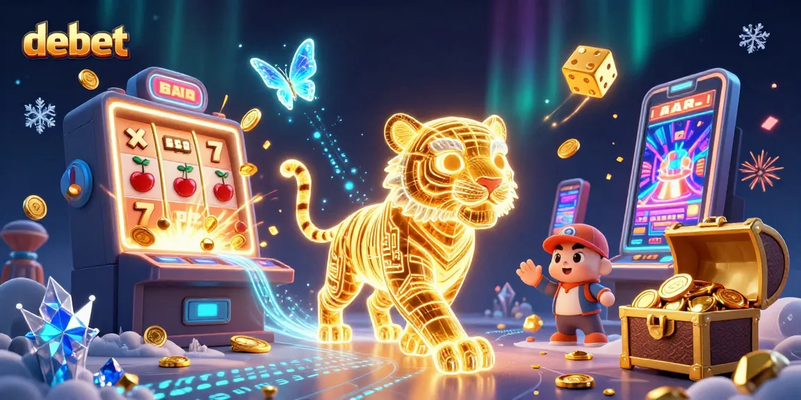 Experience vibrant gaming excitement at debet with a neon tiger amid dazzling jackpots and lights.