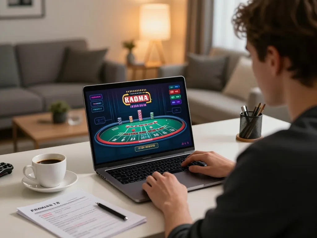 Engaging user plays 75W live dealer blackjack online, showcasing sophisticated home gaming atmosphere.