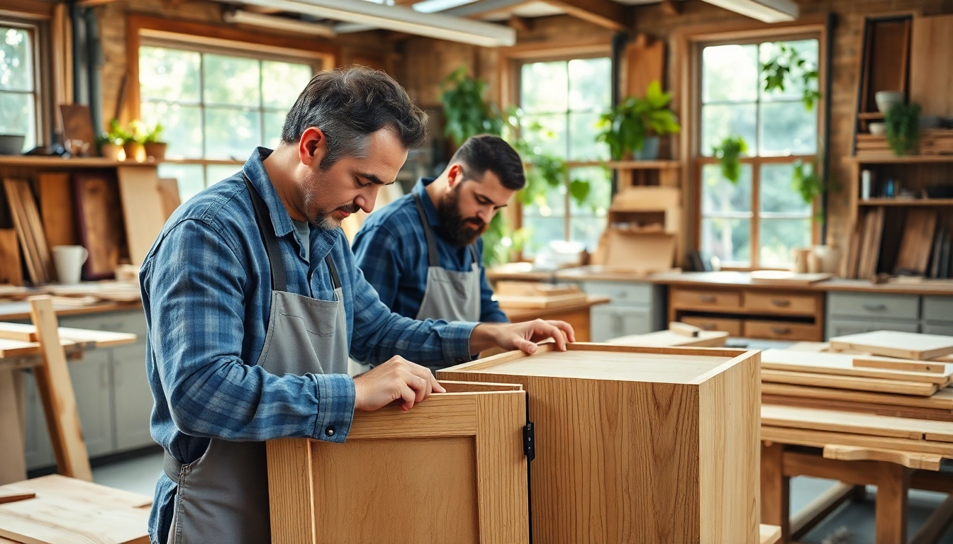 cabinet makers crafting furniture in a sunny workshop with tools and wood
