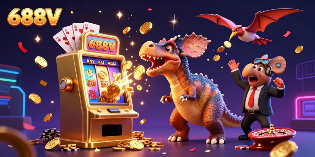 Experience the excitement of 688V as a pachycephalosaurus makes a slot machine pay out, surrounded by flying coins and gaming elements.