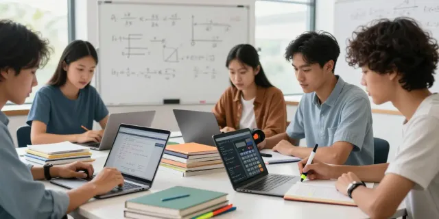 Estudantes utilizando a calculadora científica online enquanto colaboram em projeto de matemática.