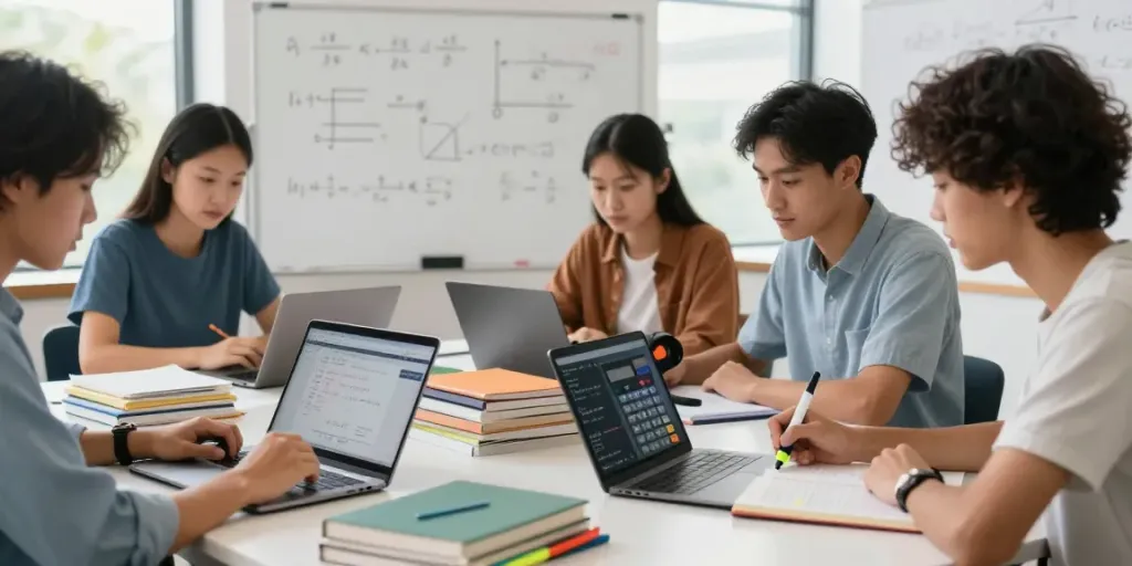 Estudantes utilizando a calculadora científica online enquanto colaboram em projeto de matemática.