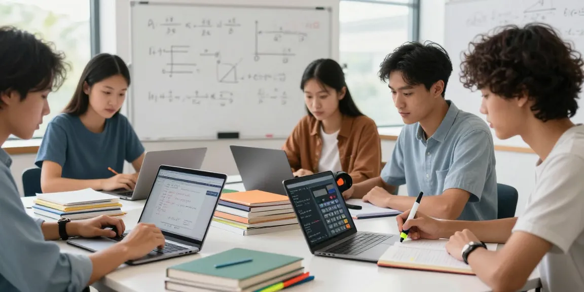 Estudantes utilizando a calculadora científica online enquanto colaboram em projeto de matemática.