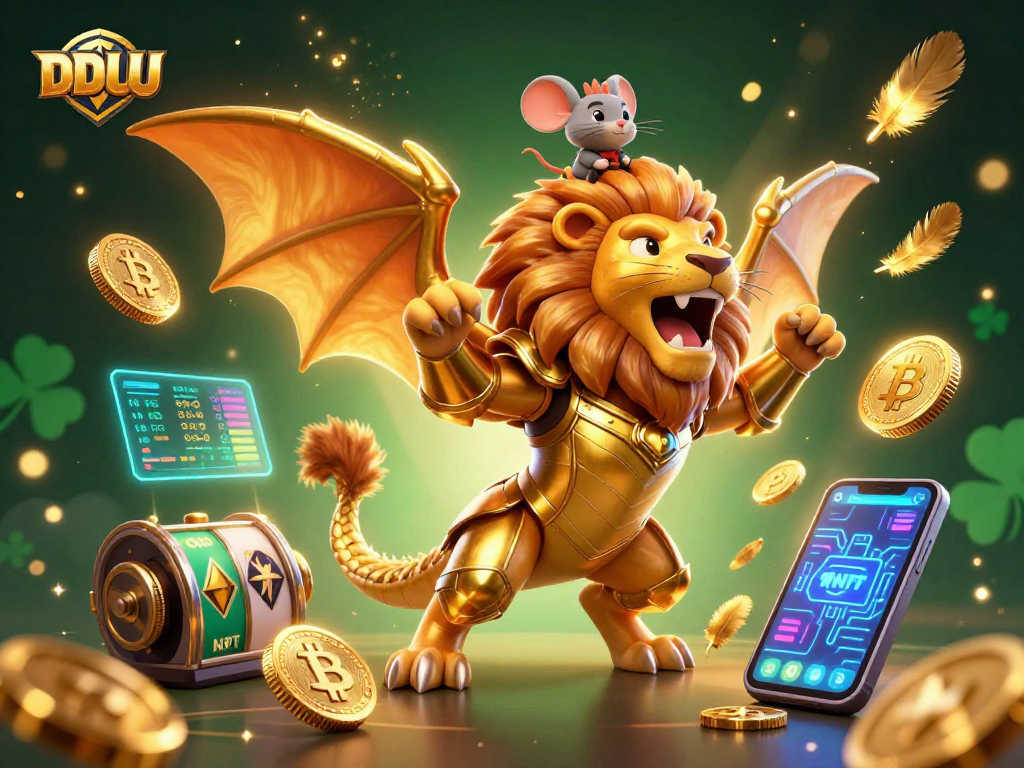 Experience the thrill of DDUU as a lion-headed chimera reaps rewards in a vibrant casino setting.