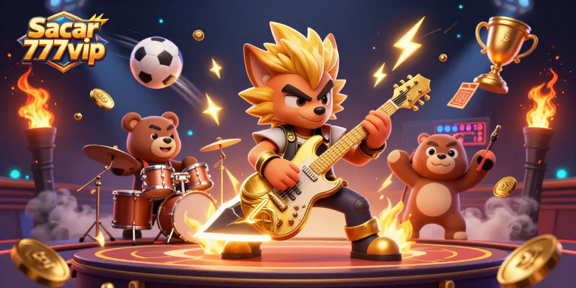 Sacar 777vip gives an exciting visual of a rock star wolf and drummer bear on stage with dynamic sports elements.