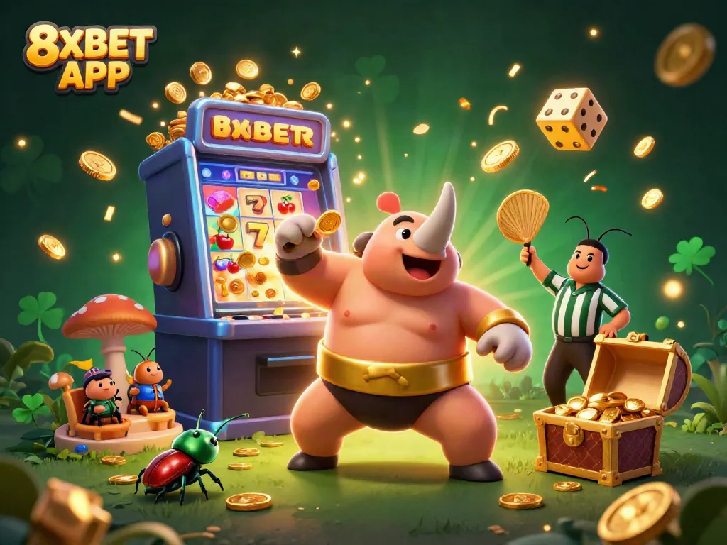 Engage with the 8XBET APP illustrated scene featuring a beetle champion amid a vibrant casino explosion.