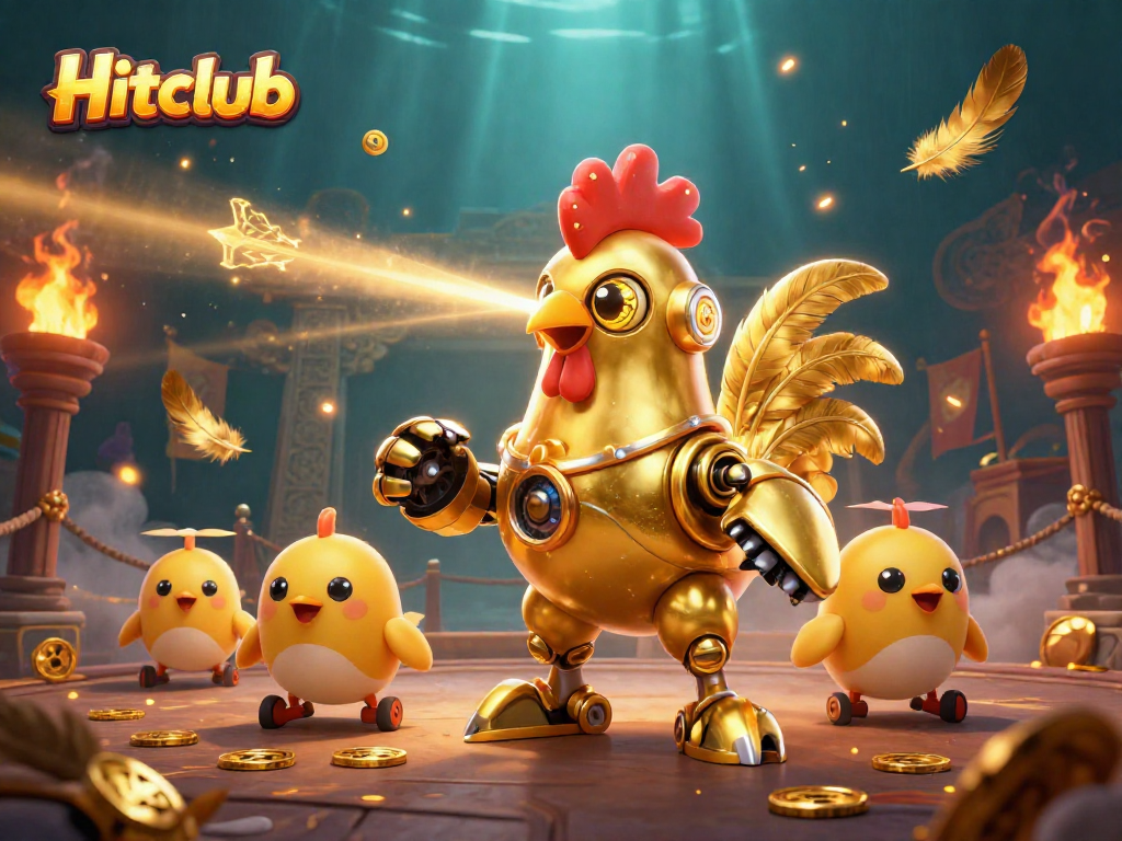 Hitclub offers thrilling gaming experiences with a retro-futuristic golden robot and drones in action.