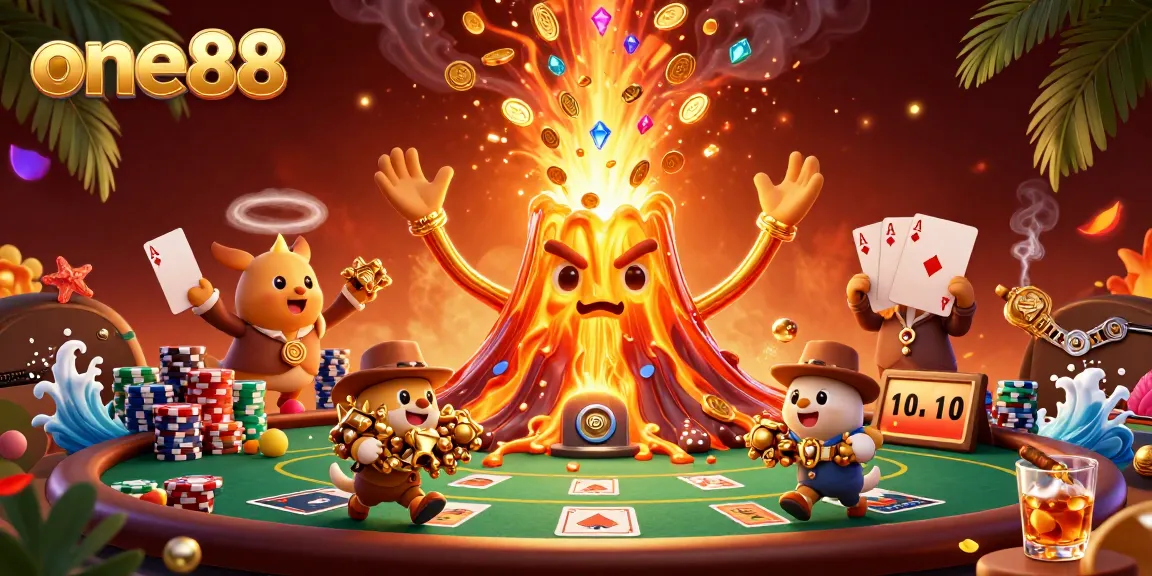 Experience one88's vibrant casino magic with a triumphant volcano and treasure-hunting animals.