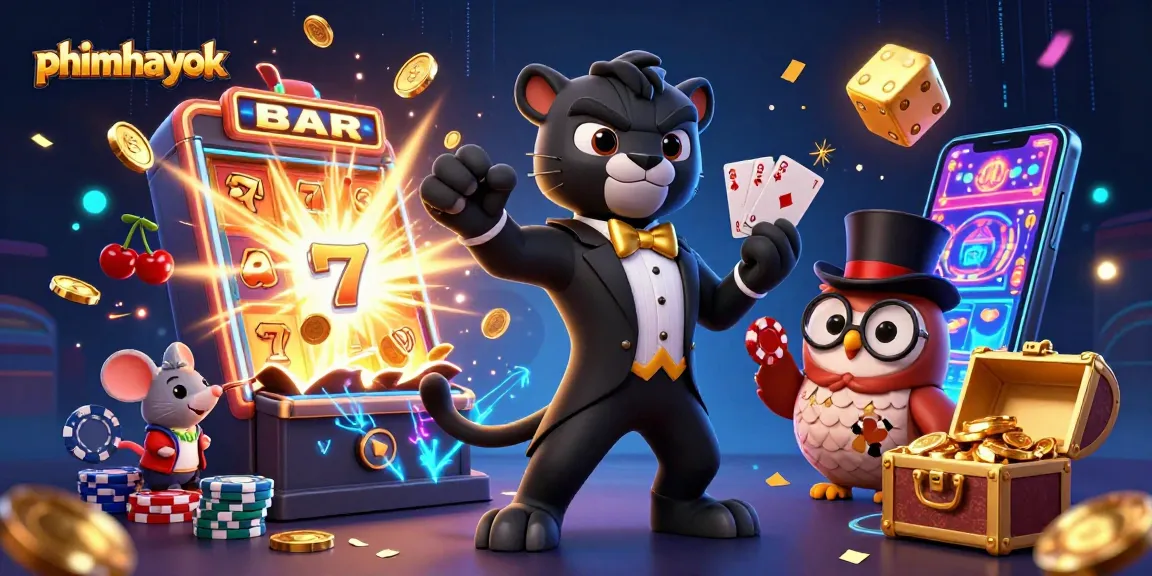 Engage with phimhayok's dynamic casino experience featuring vibrant 3D characters and slot machine action.