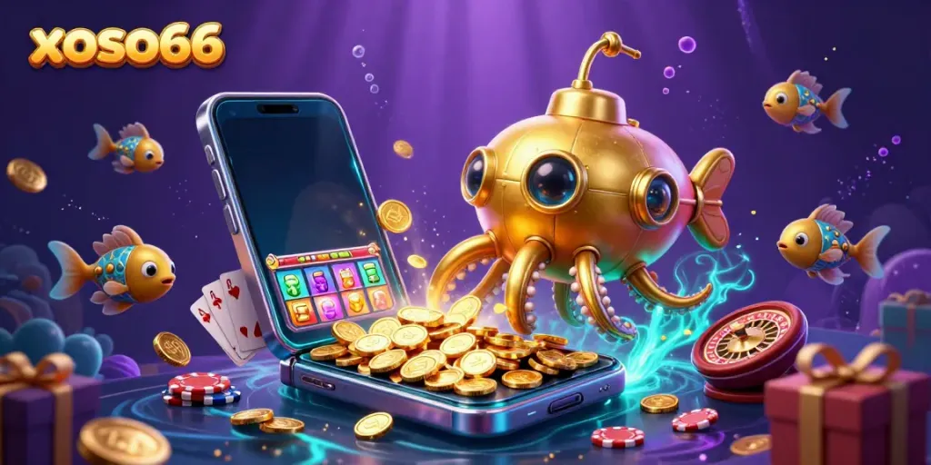 Experience the excitement of xoso66 with a golden kraken submarine in a treasure-filled sea.