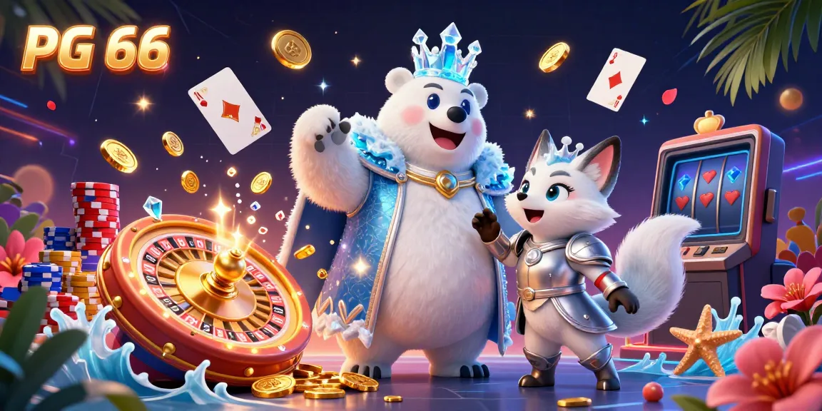 Engage with PG 66 through an exciting casino scene featuring an ice king polar bear and a snow fox, set in a vibrant world of games.