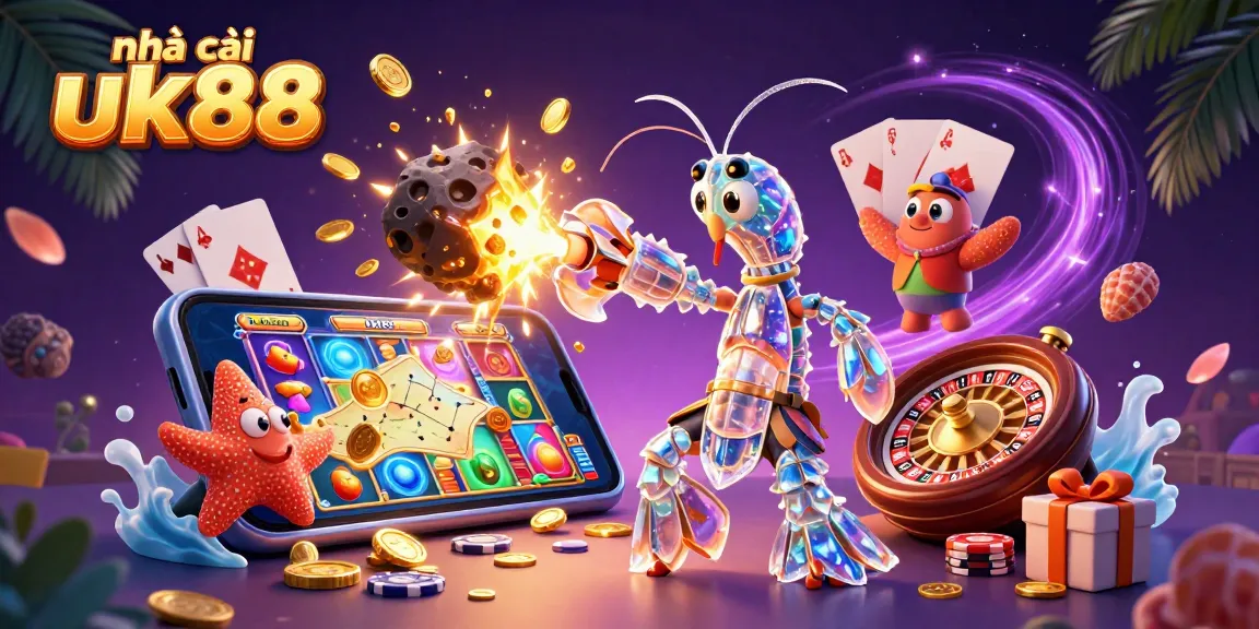 Experience the thrill at nhà cái uk88 with golden coins erupting from a slot game as the galactic samurai mantis shrimp punches through asteroids.