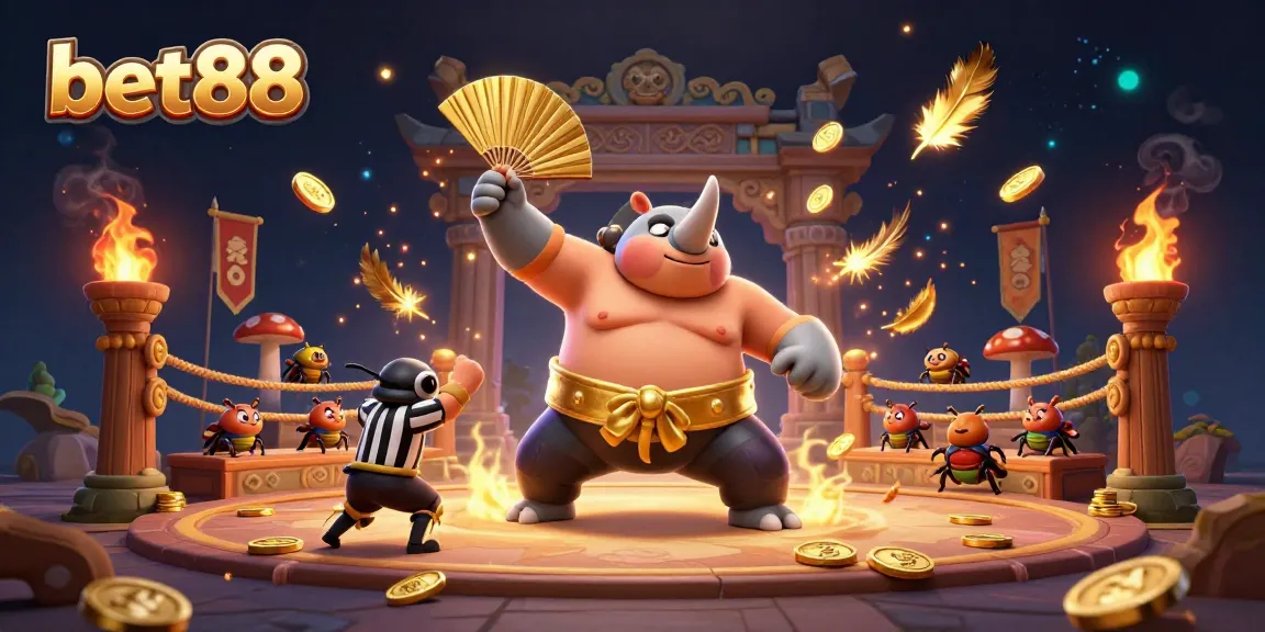 Experience the excitement of bet88 with a vibrant sumo beetle champion sending coins flying in a dynamic casino scene.