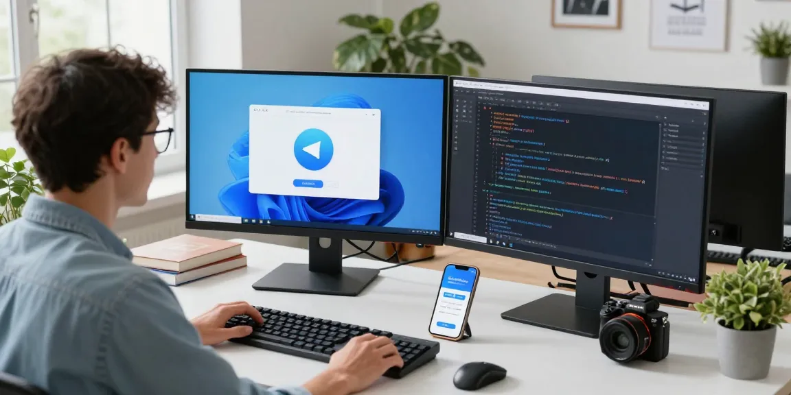Engaging tech workspace showcasing Telegram download on dual monitors, emphasizing modern communication.