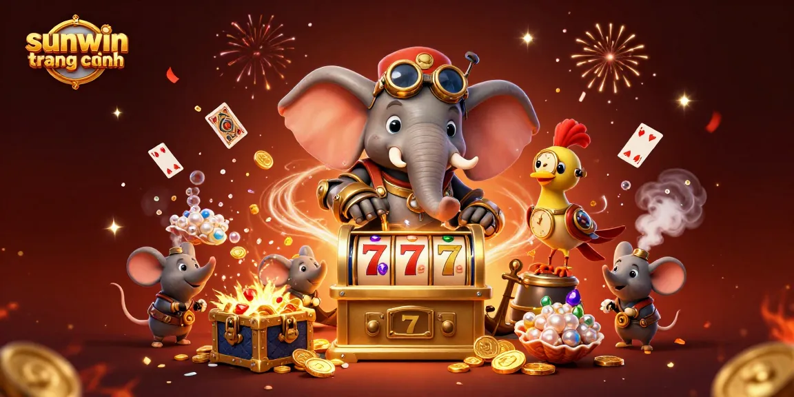 Engage with the vibrant world of sunwin trang chính as festive steampunk characters operate golden slots amidst underwater treasures.