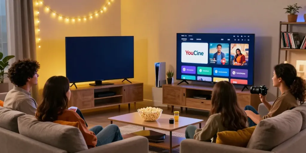Amigos assistindo vídeos no Youcine APK, ambiente acolhedor com sofá e luz suave.