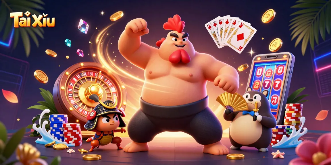 Engage in Tài Xỉu with a dynamic casino illustration showcasing exciting gameplay elements and colorful characters.