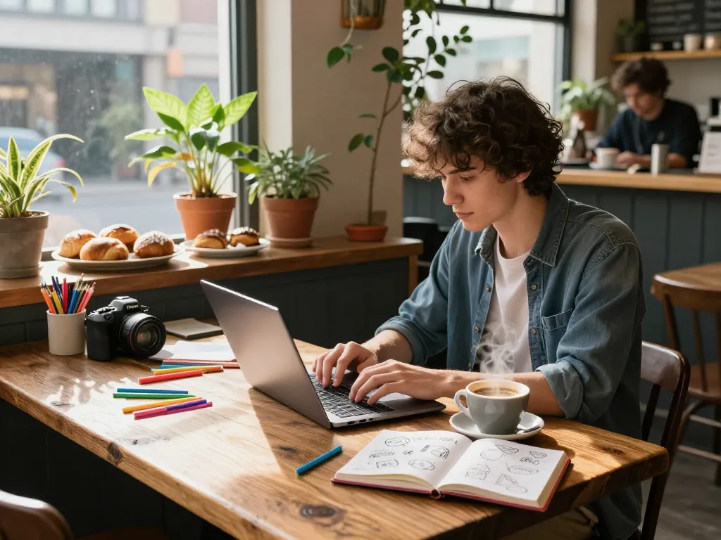A person in a cozy coffee shop exploring thoughts on having a crush on someone while working on a laptop.