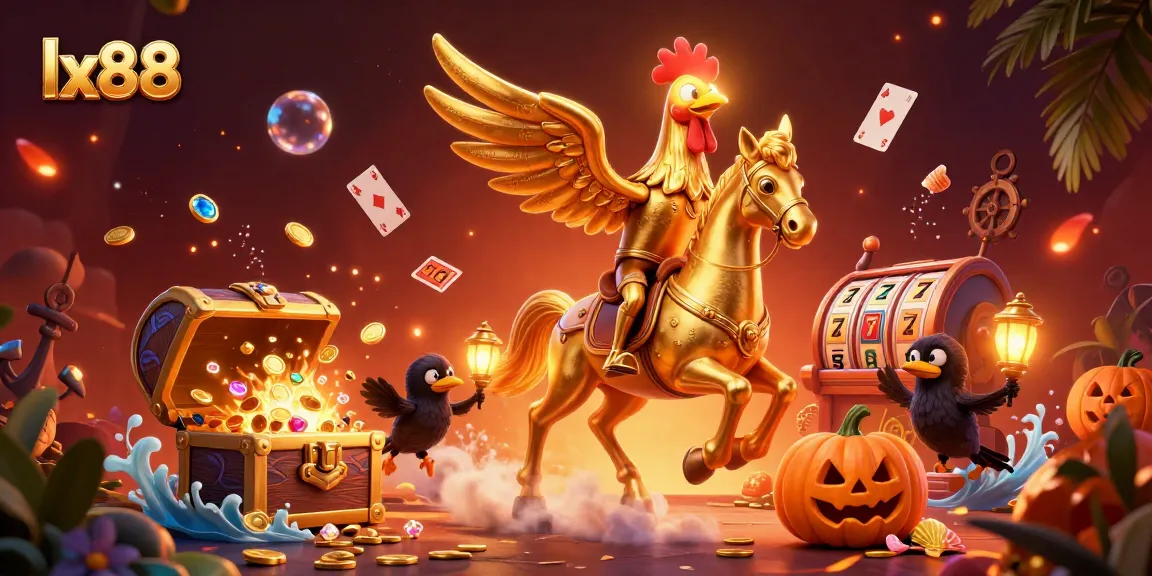 Join the excitement of lx88 with a golden rooster and friends in a vibrant casino adventure.