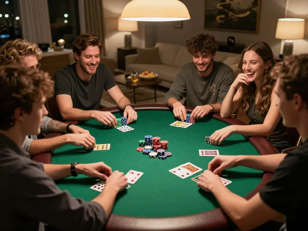 Friends engaged in a lively poker game at home, showcasing rokok88 strategies and fun atmosphere