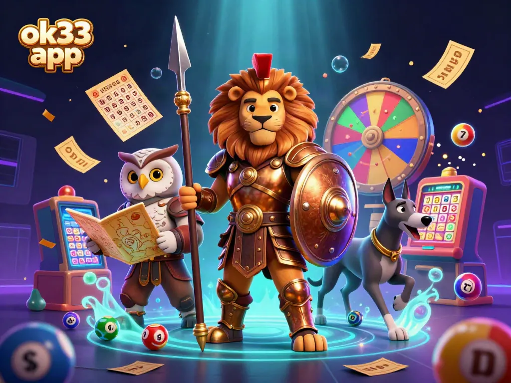 Experience the excitement of the ok33 app with vibrant casino-themed 3D characters and lottery elements.