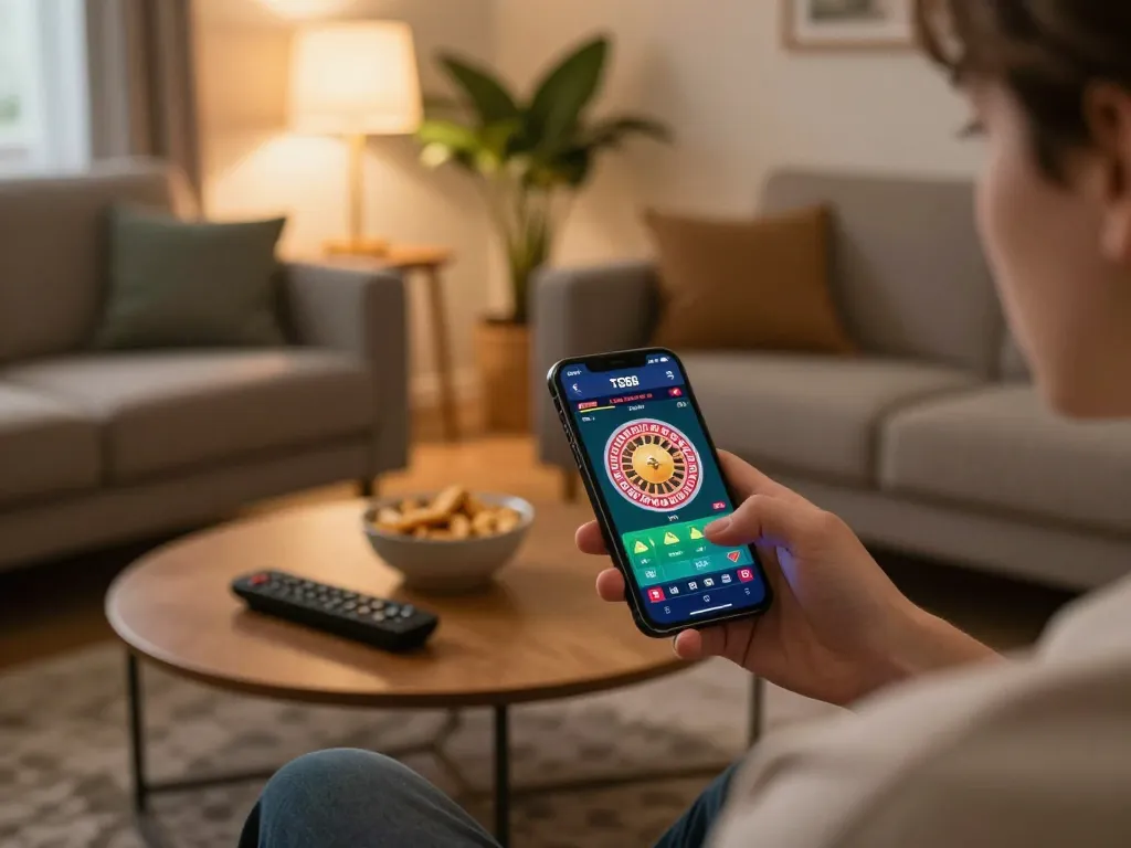 Experience thrilling online gaming with TG88 on a sleek smartphone in a cozy living room setup.