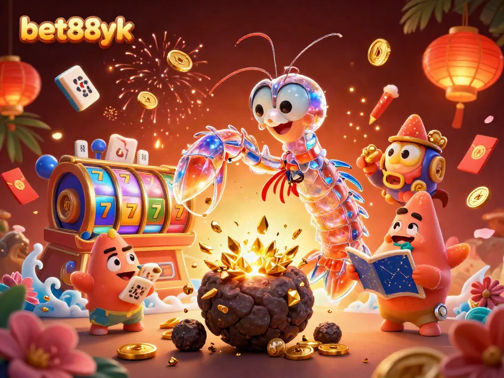 Engage with bet88yk's vibrant casino scene featuring a galactic samurai mantis shrimp amidst dynamic slots and golden coins.