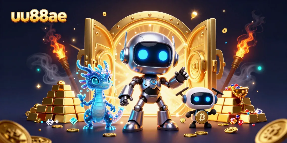 Engage in immersive gambling at uu88ae with a vibrant casino scene featuring a cyberpunk robot and treasure elements.