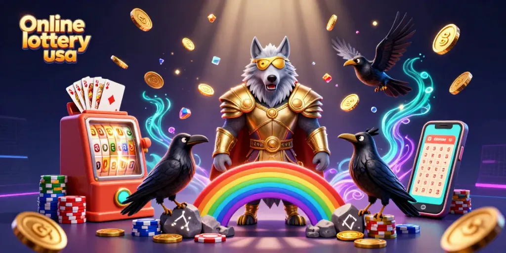 Win big with online lottery USA featuring a dynamic scene of Odin and ravens on colorful casino chips.