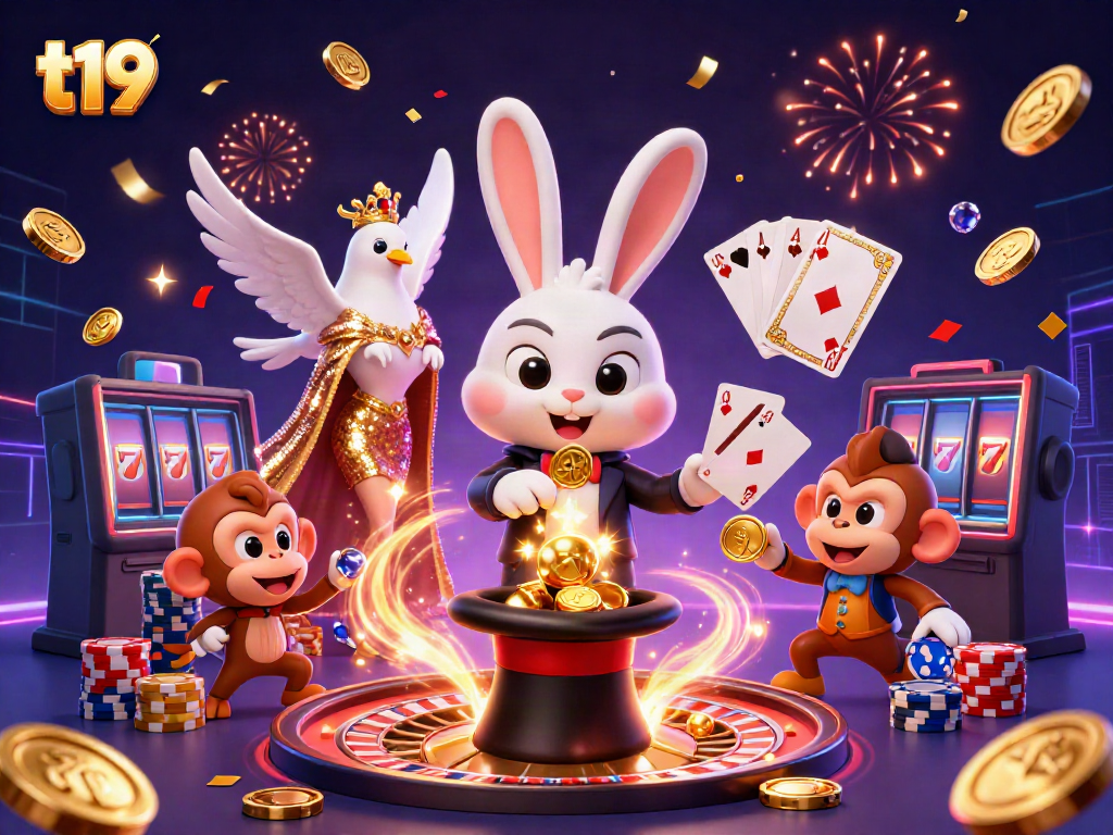 Experience the excitement of t19 with a magician rabbit, a dove, and a monkey in a vibrant casino scene.