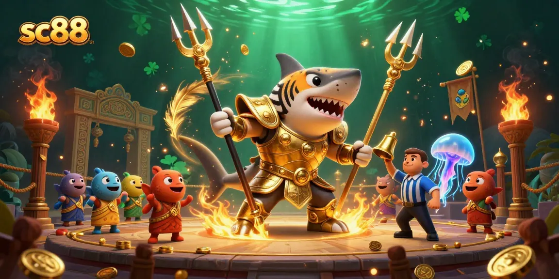 Engage in thrilling gameplay with sc88 featuring a fierce tiger shark and vibrant casino elements.