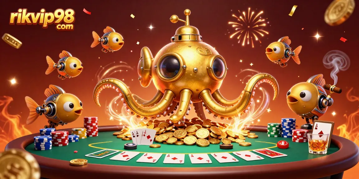 Engage in thrilling casino action at rikvip98 com with a vibrant poker scene and golden kraken submarine.