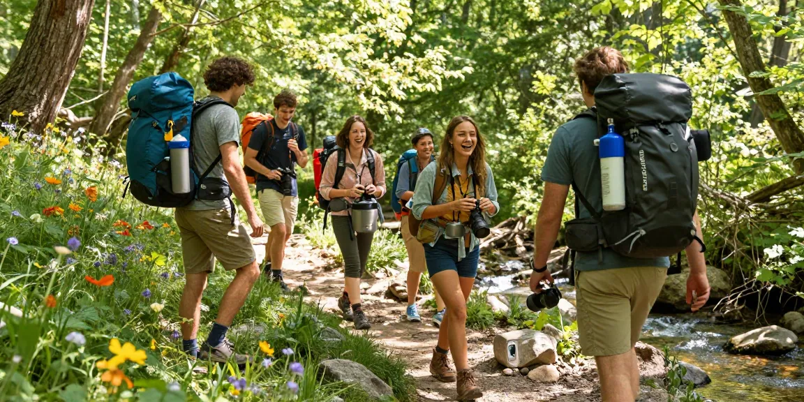 Group of outdoor adventurers showcasing ROKOK88 gear while hiking in nature