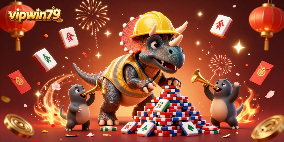 Celebrate gaming victories at vipwin79 with triceratops building a poker chip pyramid, filled with festive elements.