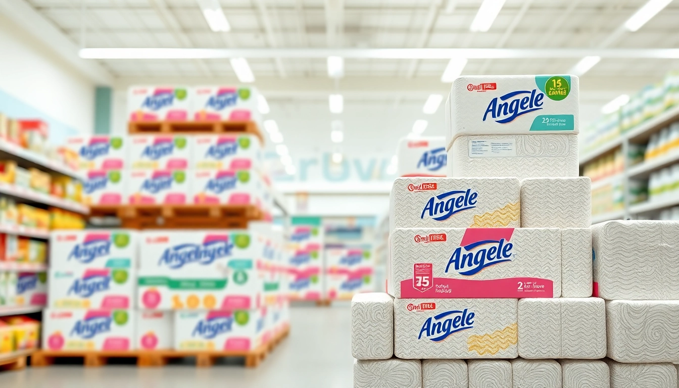 Showcase of Angel Soft Toilet Paper Pallets in a retail setting with vibrant packaging.