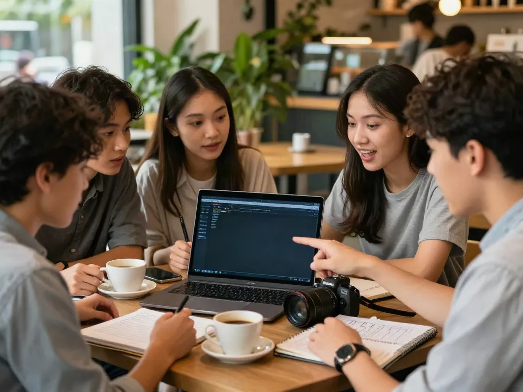 Grupo de jovens jogando Javatoto em um café, discutindo estratégias.