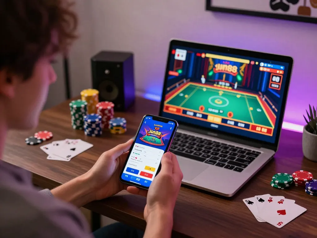 Engaged player exploring mobile features on jun88 com casino app in a cozy home setting.